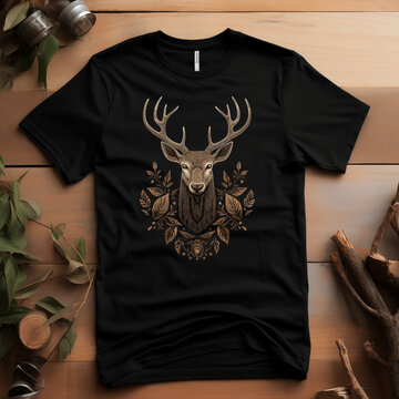 Deer design on black tshirt wood table 