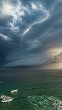 Dramatic beach scene with an incoming storm, with dark clouds rolling in, in Sydney, Australia