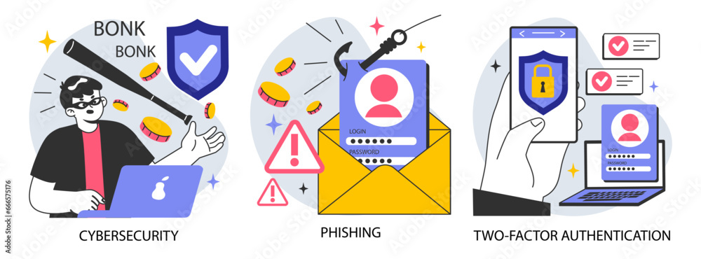 Poster data privacy set. cyber or web security . database safety of a digital device.