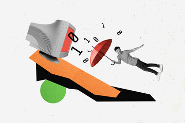 Creative abstract template collage of funny young man hold umbrella flying computer monitor coder numbers digital internet programmer