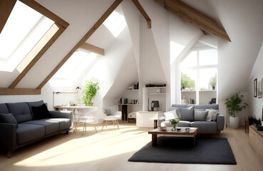 Fototapeta na wymiar Interior design of modern living room in attic with lining ceiling