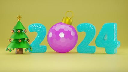 3d rendering of the date of the new year 2024. A Christmas tree decorated with toys and a large Christmas toy, a ball. 3d illustration for the calendar.