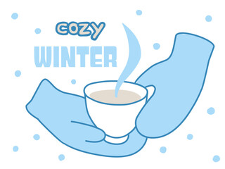 Hands in winter mittens hold a cup of hot drink. Vector illustration for design card, banner, menu.