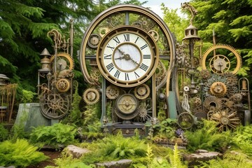 An elaborate garden featuring clocks, gears, and cyclical time patterns. Generative AI - obrazy, fototapety, plakaty