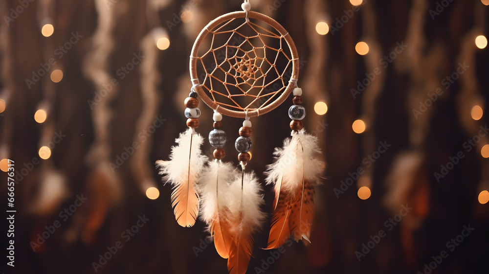 Wall mural process of creating dream catcher with feathers threads and beads rope hanging,generated by ai