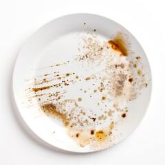 Dirty after eating white plate on a white background, top view