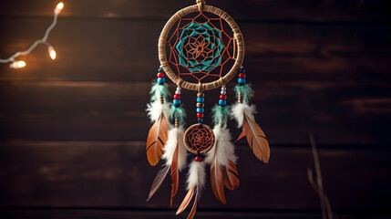 process of creating Dream catcher with feathers threads and beads rope hanging,Generated by AI - obrazy, fototapety, plakaty