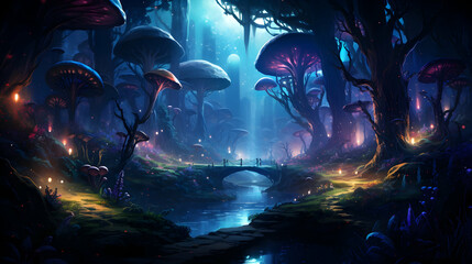 Illustration fantasy of neon forest Glowing colorful look like fairytale,generated Ai.