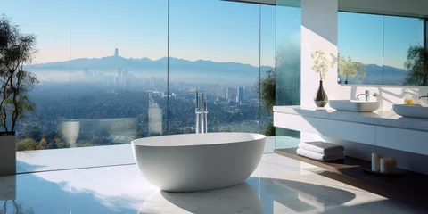 Foto op Canvas AI Generated. AI Generative. White light minimal modern bathroom with big window and urban city landscape view. Architecture interior inspirational scene © Graphic Warrior