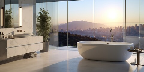 AI Generated. AI Generative. White light minimal modern bathroom with big window and urban city landscape view. Graphic Art