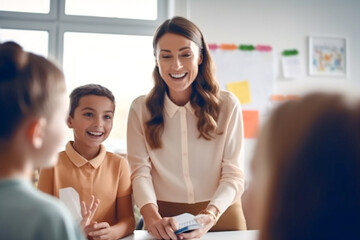 Fototapeta premium Portrait of a smiling teacher explaining material with a smile to cheerful schoolchildren who are studying