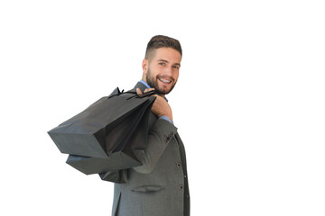 Handsome man in suit with shopping bags on a transparent background