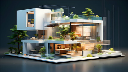 Illustration of a modern house, 3d rendering, Generative AI