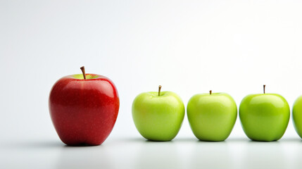 Czerwone jabłko wyróżniające się na tle zielonych jabłek na białym tle