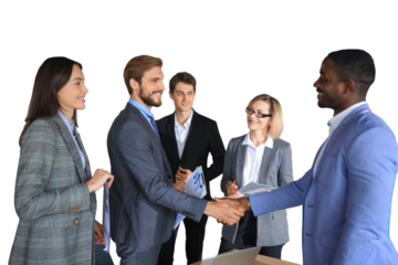 Business partners handshaking over business objects on a transparent background