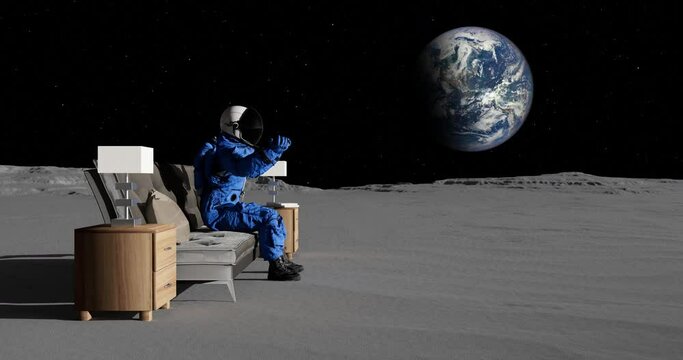 Sad Astronaut Sitting On Surface Of The Moon. Mission Failed. Science And Technology Related 3D Animation.