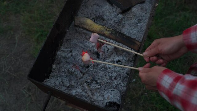 Close-up of baked marshmallows on a wooden stick over burning coals in woman hands - top view. Two pink brown sweet marshmallows roasting over fire flames. Marshmallow on skewers roasted on charcoals