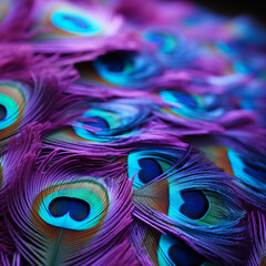 Colorful exotic background of bright purple and blue peacock feathers