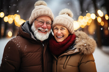 Fototapeta premium An affectionate elderly couple relishing a wholesome and romantic winter stroll together.