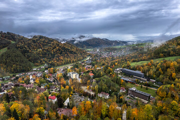 Szczawnica is a spa town in Poland,on the border of the Pieniny and Beskid Sądecki mountain ranges.  Dunajec River, the charming Grajcarek stream, aerial drone view, autumn landscape