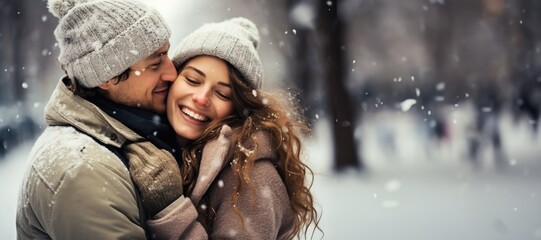 Happy love couple in winter - obrazy, fototapety, plakaty