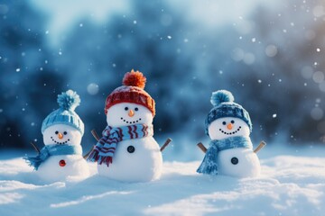 Fototapeta premium Small knitted snowmen on soft snow on blue background