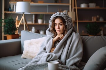 A cold woman, who has caught a cold and is suffering from the flu, is sitting on a sofa in the living room of her house. With a cup wrapped in a blanket, trying to find relief. - obrazy, fototapety, plakaty