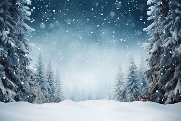Snowfall in a winter forest, featuring a picturesque landscape with snow-covered fir trees and snowdrifts. 
