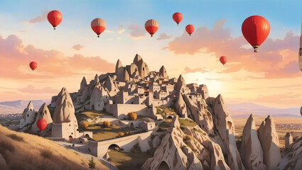 Ancient town of Uchisar castle at sunset with many big balloons - obrazy, fototapety, plakaty