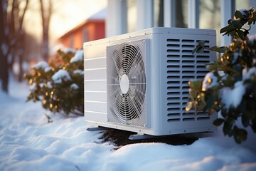 The outdoor component of the air conditioning system surrounded by snow during the winter season. - obrazy, fototapety, plakaty