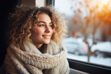 A cheerful young blonde woman by the window on a cold day, reflecting on a mental health day. Their emotions exude happiness and tranquility. - Powered by Adobe