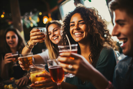 A diverse group of friends celebrating at a bar or restaurant, drinking cocktails and having a good time on a weekend day