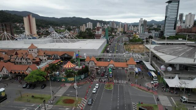 Drone footage of the Oktoberfest party in Vila Germ&acirc;nica, outdoor area with the amusement park, decorations and people, city of Blumenau, Santa Catarina, Brazil