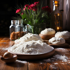 Flour on a wooden board. Cooking kitchen background