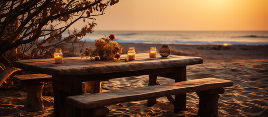 Wooden Table on the Beach with Drinks and Flowers. Sunset. Warm Tones - Generative AI