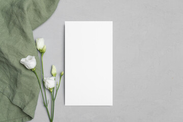 Wedding paper blank menu card mockup with eustoma flowers, mockup with copy space