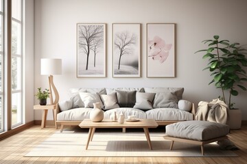 Poster design of a Scandinavian living room concept in 3D rendering and illustration. Generative AI