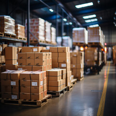 Retail warehouse filled with racks of goods in cardboard boxes with pallets.Product distribution center
