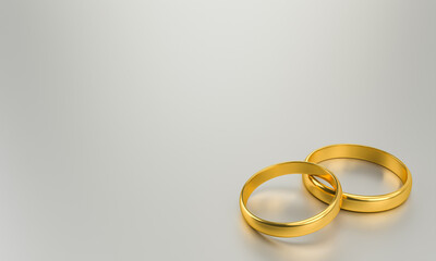 Illustration of two gold wedding rings with blank background for text. Unity and love concepts.