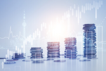 Double exposure of coins and city background for finance and banking concept. investment, valuable asset to gain wealth profit,  asset management.