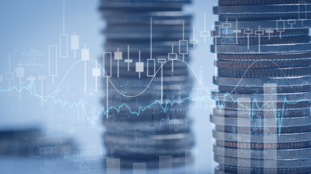 Double exposure image of coin stacks on technology financial graph background.Cryptocurrency digital economy,financial meltdown, finance and banking concept.