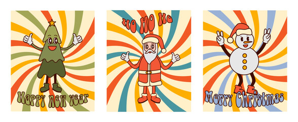 Groovy postcards for Christmas and New Year with Santa Claus, Snowman and Christmas tree