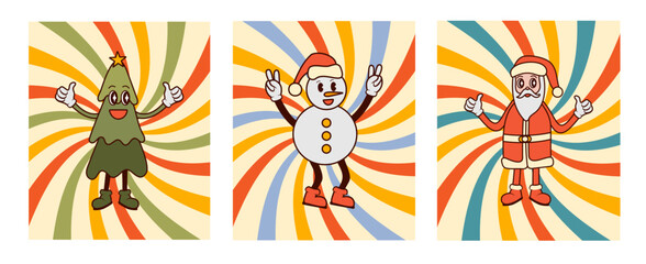 Groovy Christmas posters with snowman, Santa Claus and Christmas tree