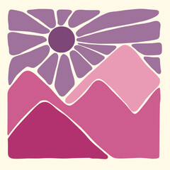 Hand draw shape lanscape panorama with pink tone. Organic doodle shapes matisse style, naive art, contemporary backgrounds. beach and mountains vector illustration