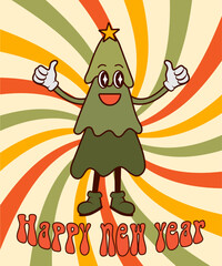 Happy new year greeting card with groovy Christmas tree