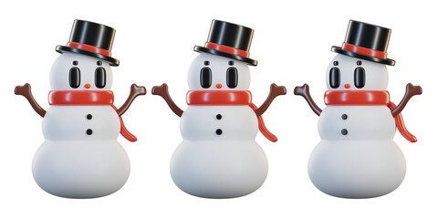 set of 3d snowmen with transparent background, PNG, 3d render snowman, snowman with black hat and red scarf, christmas day snowman