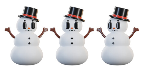 set of 3d snowmen with transparent background, PNG, 3d render snowman, snowman with black hat, christmas day snowman