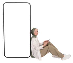 Full length of charming caucasian muslim woman in hijab sitting near big huge mobile phone, smartphone mock up with blank white screen for application template, advertising website, transparent png.