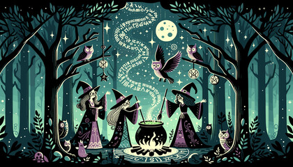 Vector design of an enchanting scene in a shadowy woodland, where witches with distinct attire and accessories hover around a cauldron, stirring a magical brew, with luminescent runes floating.