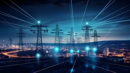 High power electricity poles in urban area connected to smart grid. Energy supply, distribution of energy, transmitting energy, energy transmission, high voltage supply concept - obrazy, fototapety, plakaty